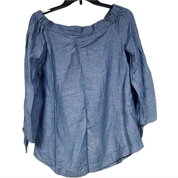 Free People Blue Linen Bow Sleeve Off the Shoulder Chambray Blouse Casual Top - Picture 2 of 8